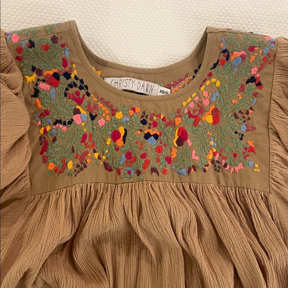 Christy Dawn Tan Dress with Colorful Embroidery